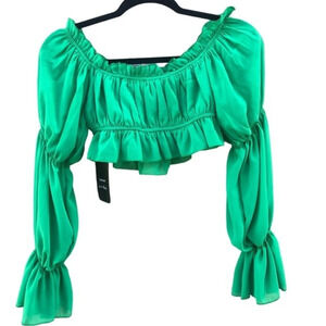 Women's Green Off Shoulder Long Sleeve Shirt Ruffle Trim Blouses Crop Top Size S